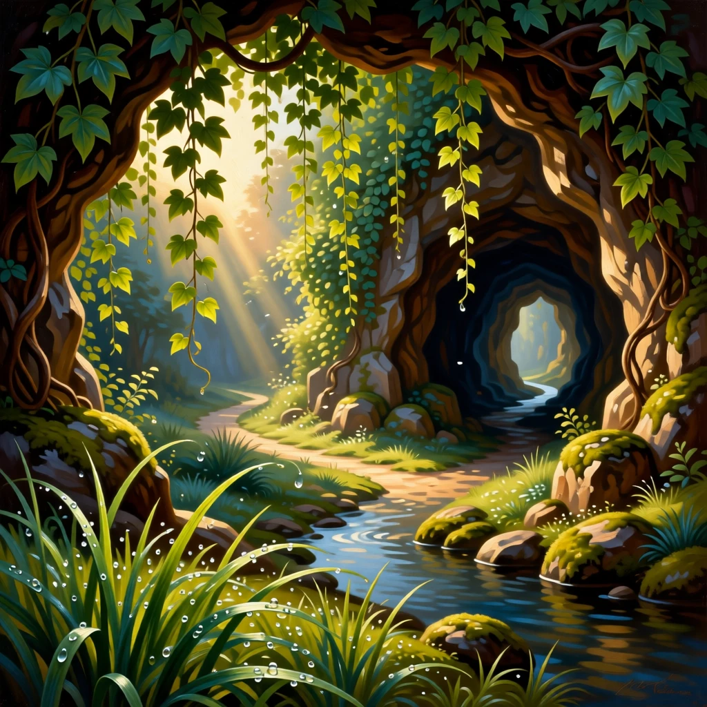 A hidden grotto with sunlight filtering through overhanging vines alive with the quiet motion of wind and water, set far from any signs of human presence, with dew still clinging to blades of grass in the early light; a winding path or river leads the eye deep into the distance, filled with calm, restorative beauty.