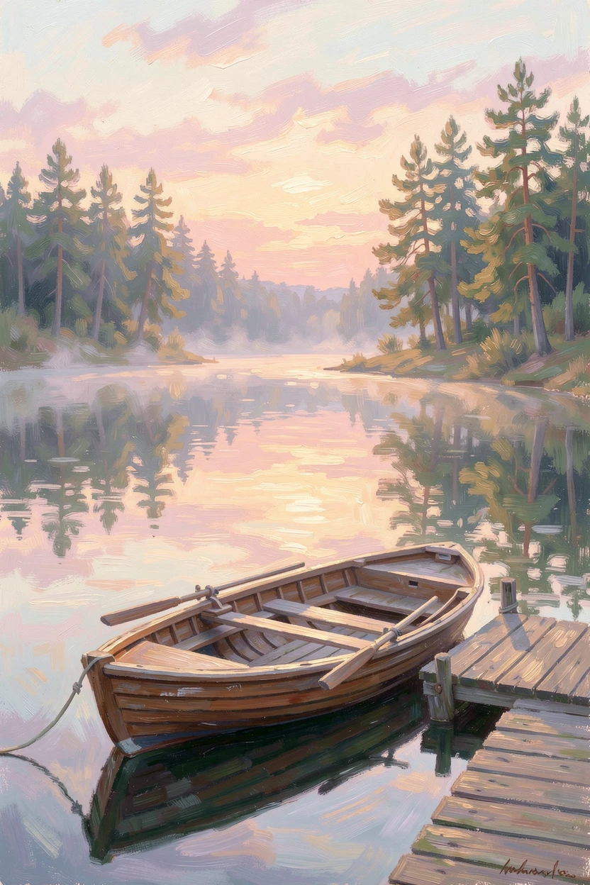 A quiet lake at dawn, mist rising off the still water, a lone wooden rowboat tied to a small dock, pine trees reflected on the surface, as the first light of dawn breaks.