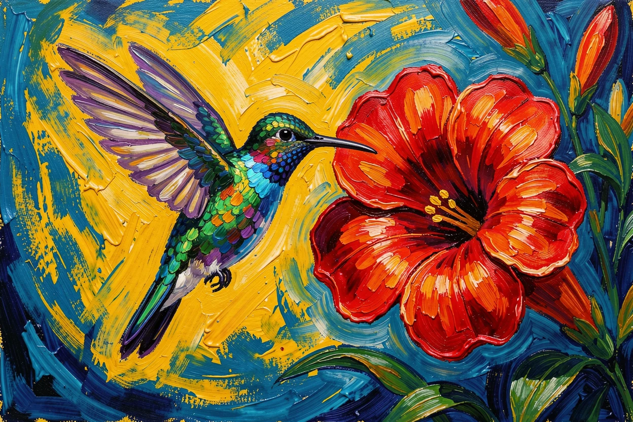 A hummingbird hovering beside a bright red trumpet flower, wings a blur of motion.