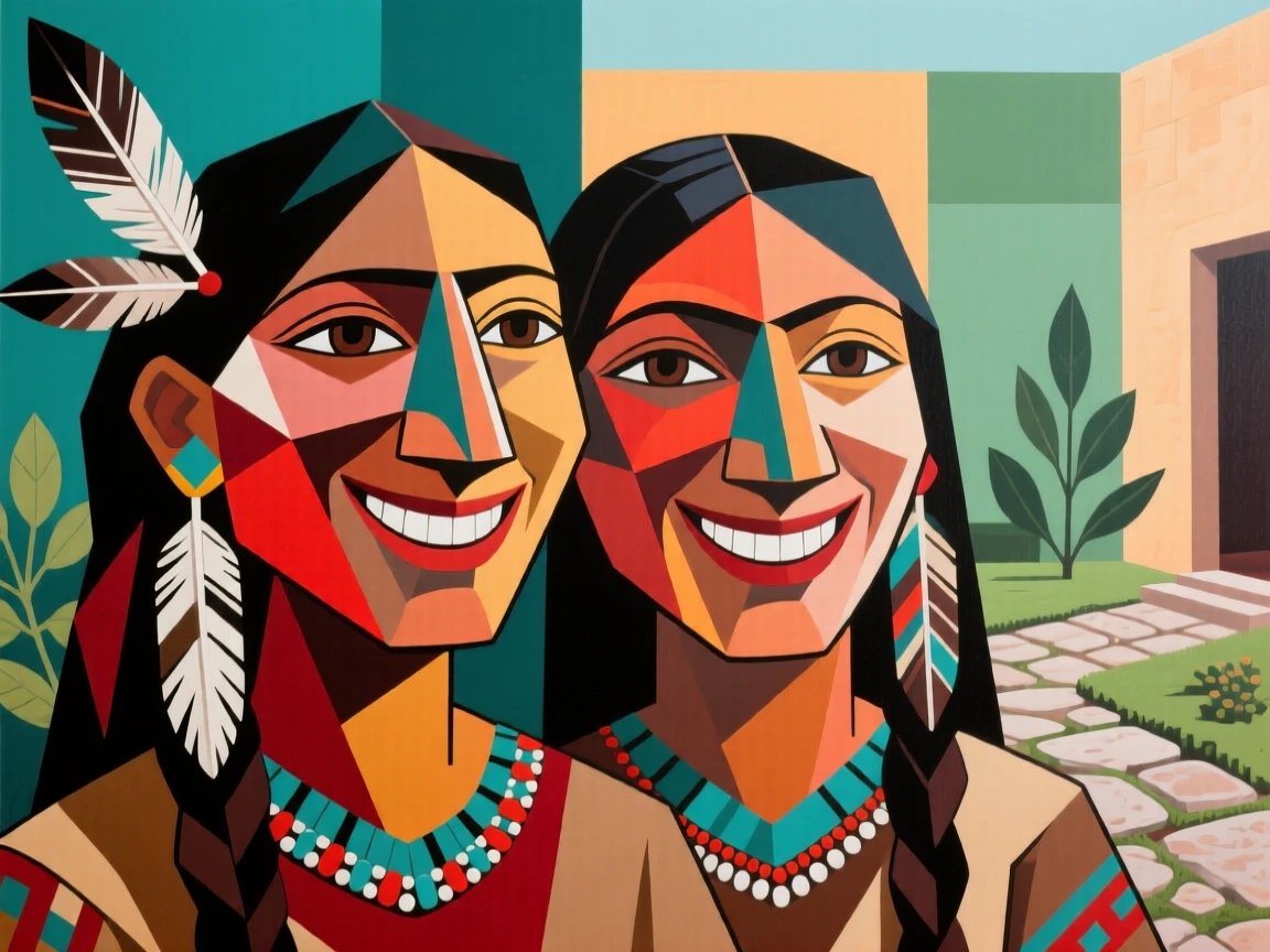 A close-up portrait of twin sisters of Native American heritage, beaming with triumph, in a quiet garden courtyard.