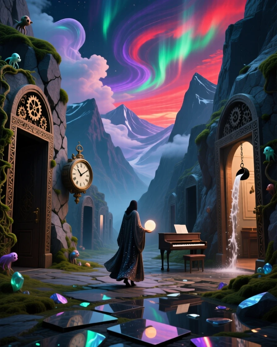 A mountain pass lined with doorways carved into solid rock stretches endlessly beneath a sky of shifting colors, while a lone figure walks quietly through its heart.