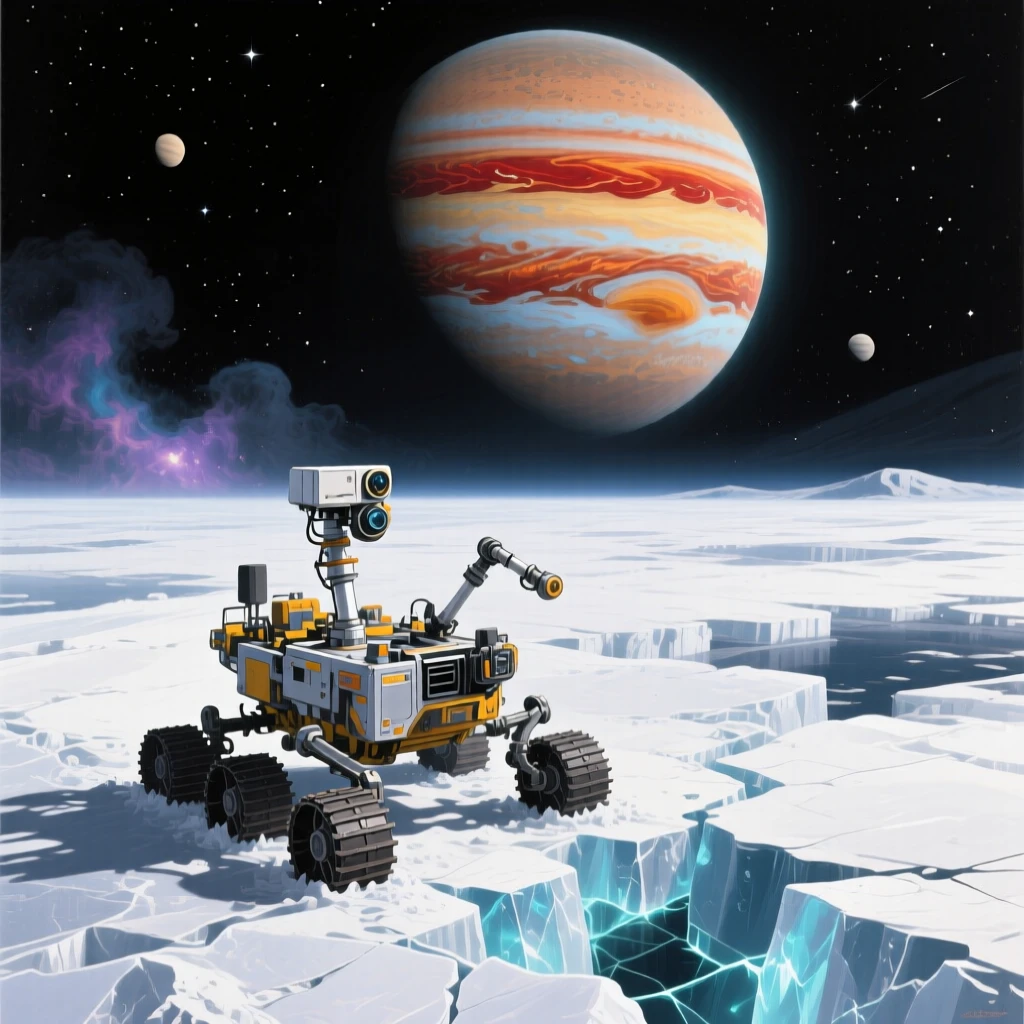 A rover explores the icy surface of Europa, Jupiter's massive banded form looming enormous and colorful in the black sky above, distant elements hinting at a much larger world extending beyond what is visible.