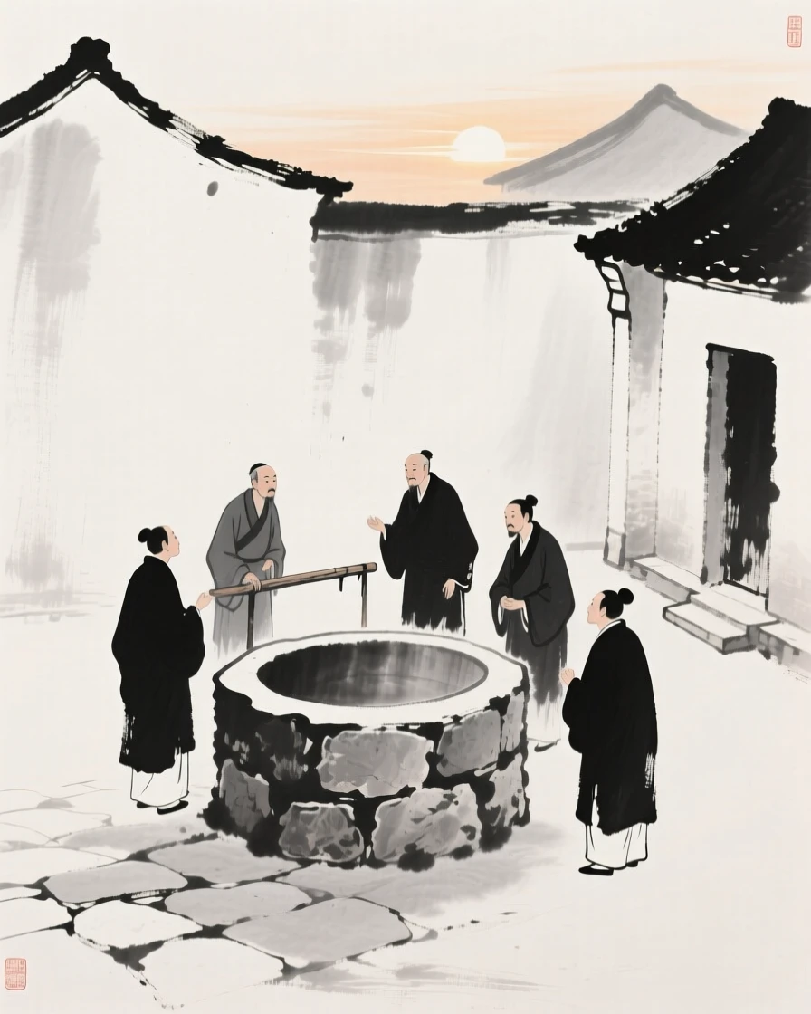 Villagers gather at a well in the center of a quiet stone courtyard, as the first light of morning touches the rooftops.