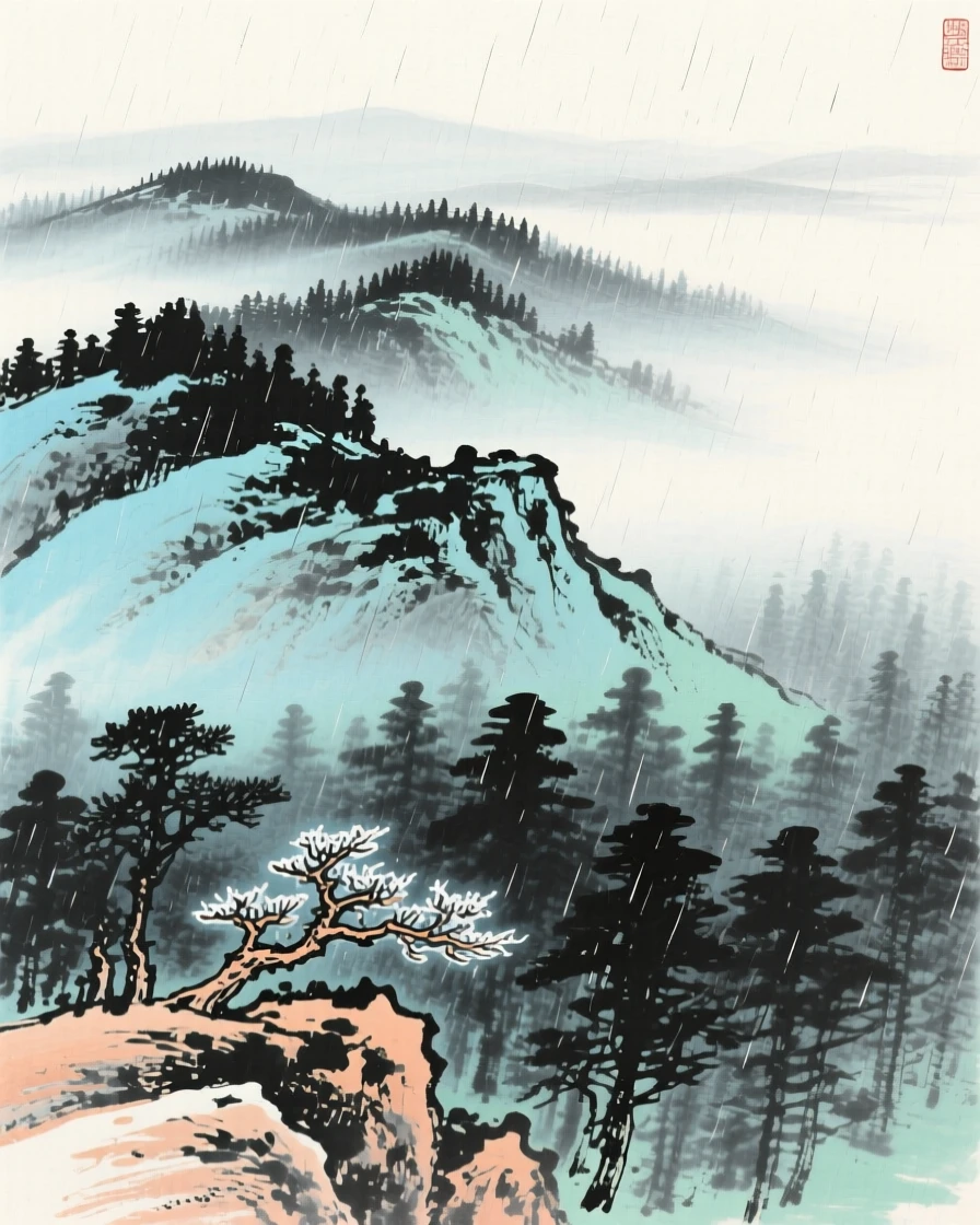 A mist-covered ridge line at the edge of a vast forest, through a curtain of fine rain, as winter frost settles, filled with tranquil stillness.