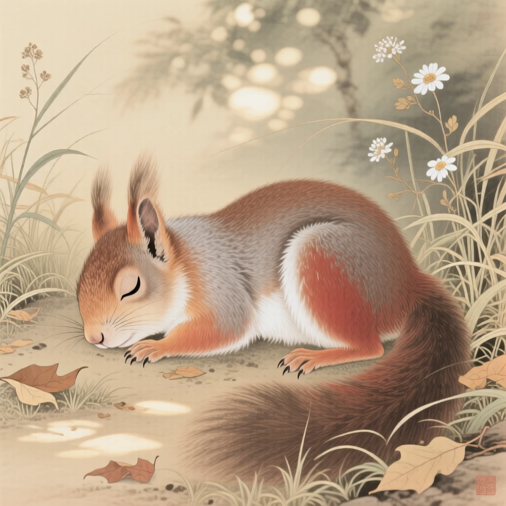 A squirrel napping in a patch of afternoon sunlight