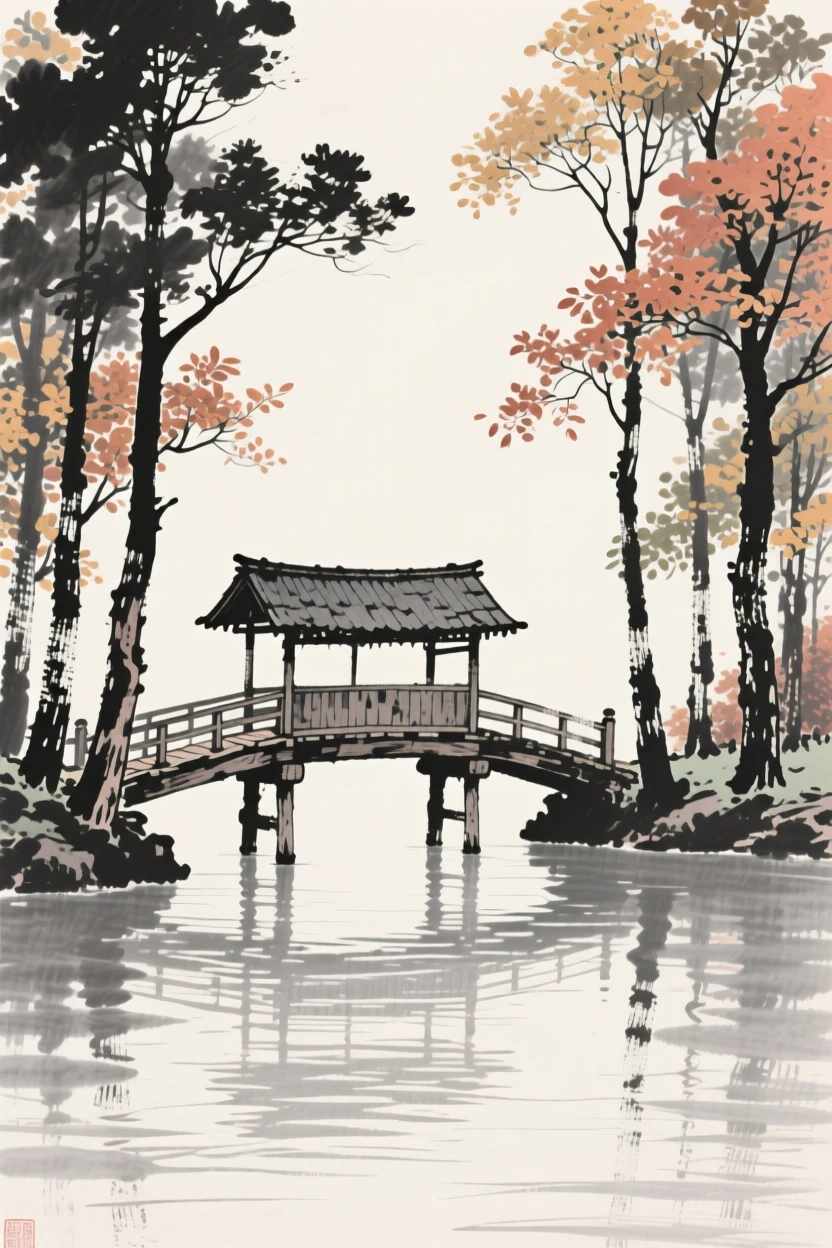 An old covered wooden bridge framed by tall autumn trees, seen from across still water, reflected on the surface, carrying a sense of sacred stillness.