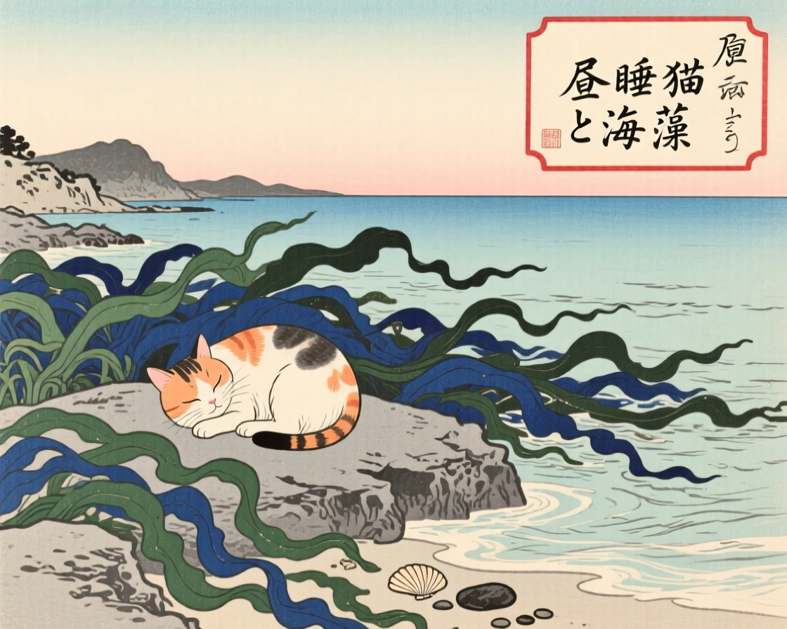 A sleeping cat playing among coastal kelp beds.