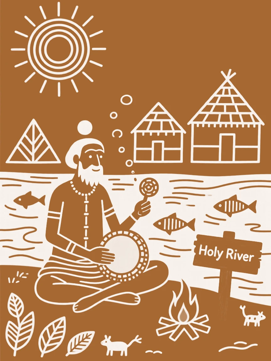 An elderly priest at the banks of a holy river.