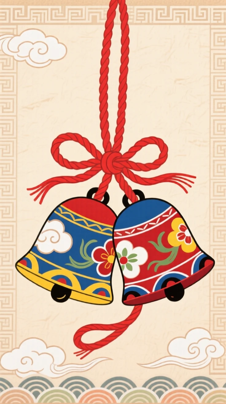 A red string tied between two small bells, symbolizing fated love.