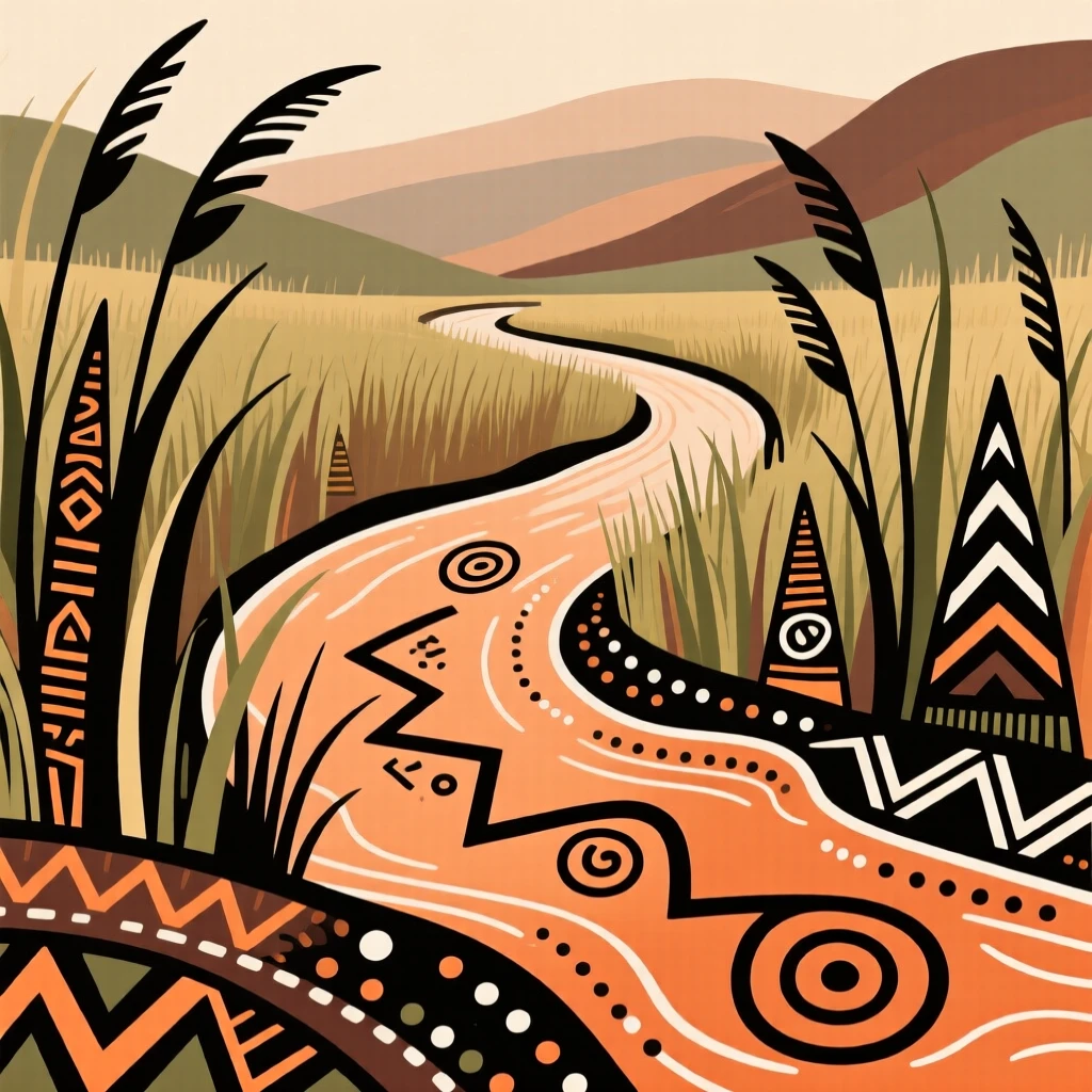 A river winding through a valley of tall grass.
