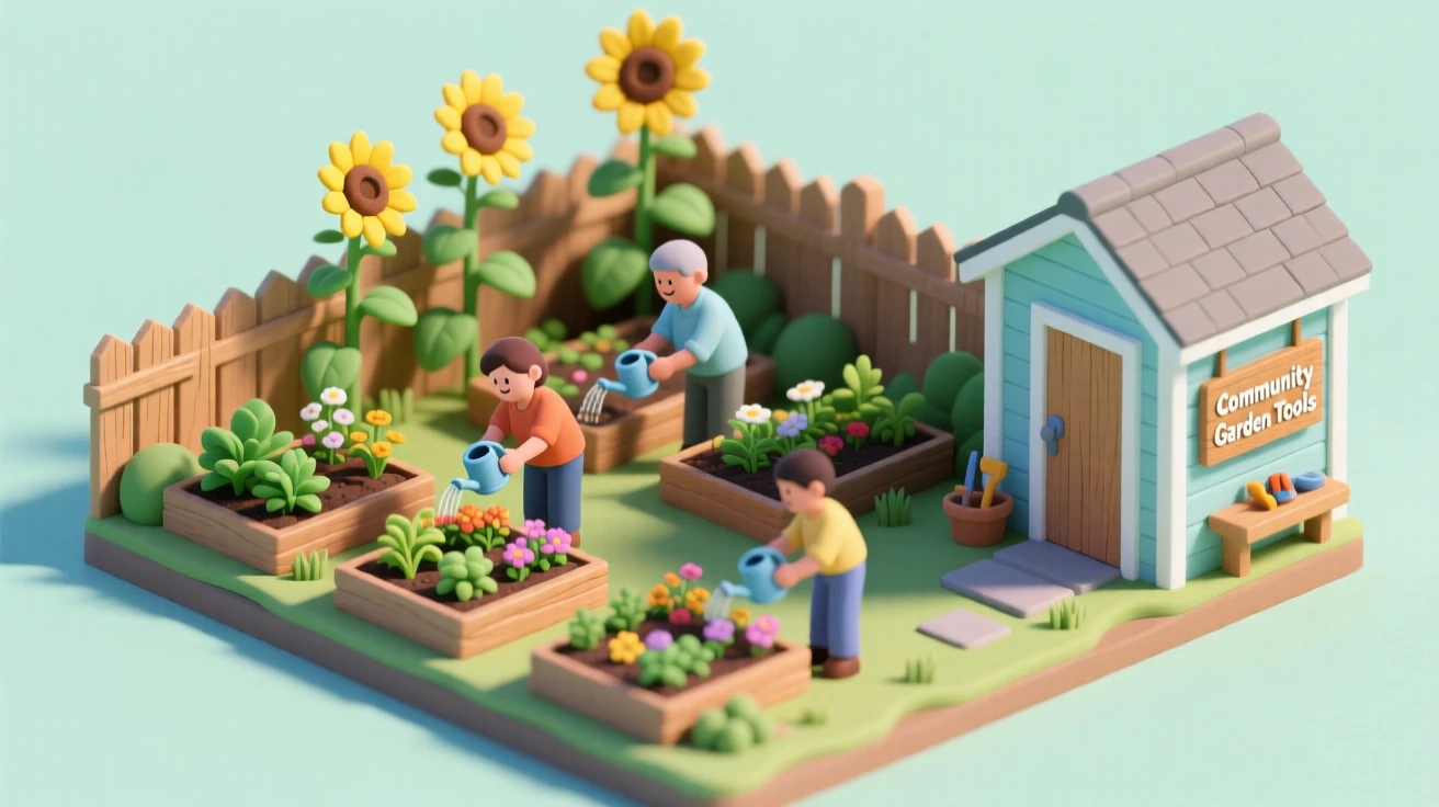 A cozy community garden with raised beds tended by neighbors, a toolshed nearby, and sunflowers towering over the fence.