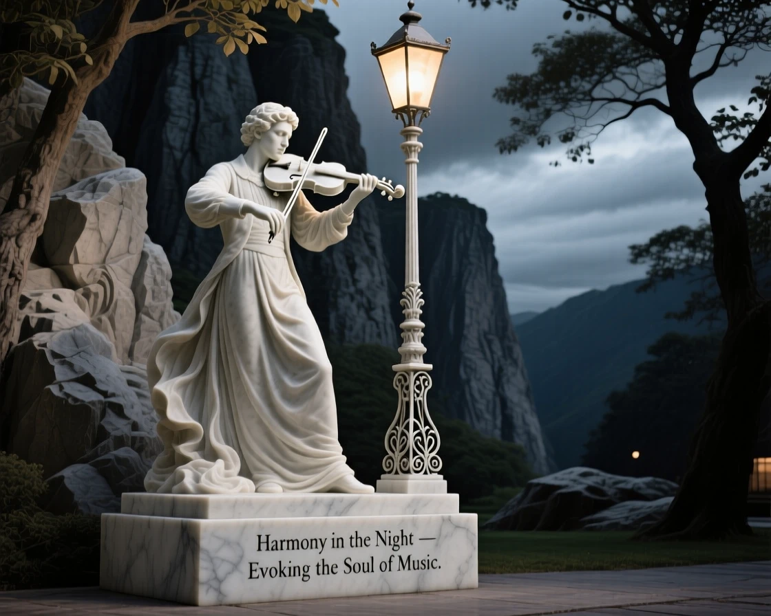A beautifully composed image of a violin player performing beneath a streetlamp, framed by dramatic natural scenery, full of atmosphere and visual storytelling
