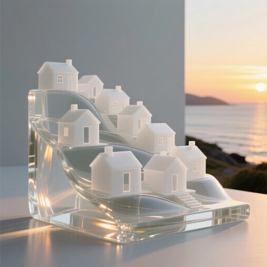 A hillside village of white houses overlooking the sea, beneath a sky streaked with the colors of sunset
