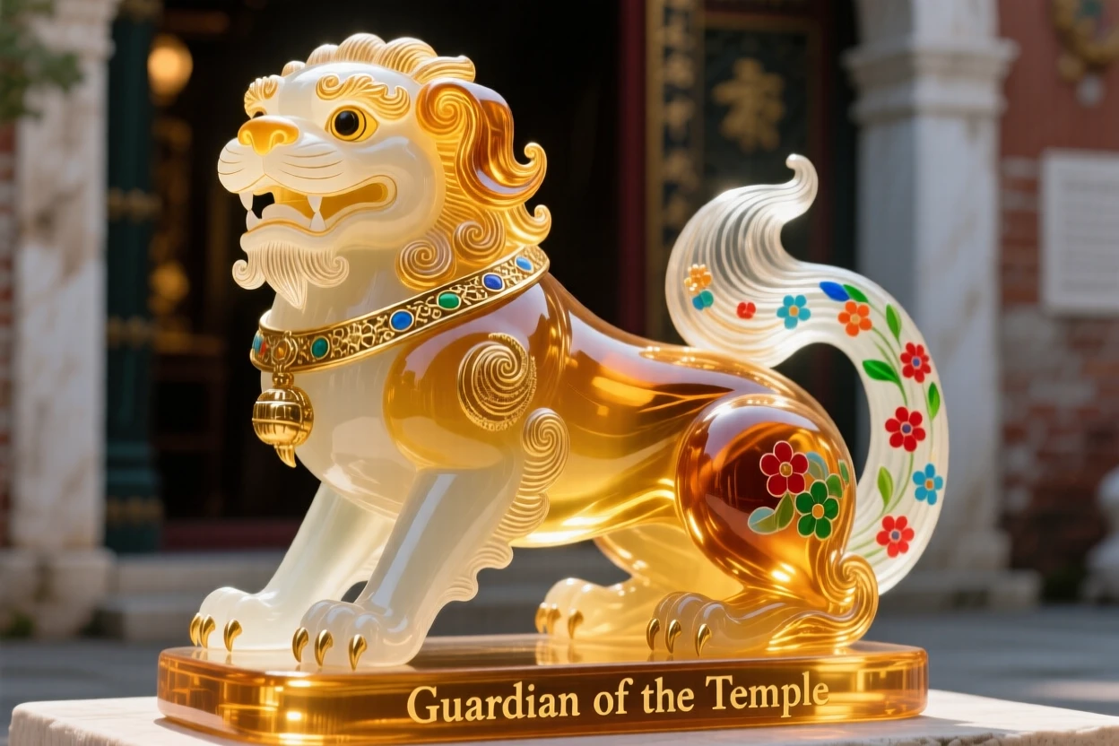 A Chinese fu dog statue guarding a temple entrance in golden light, protective and grand.