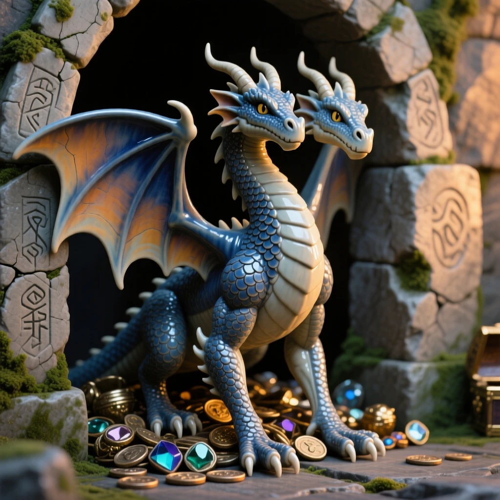 A two-headed dragon guarding a treasure hoard standing guard beside an ancient stone archway, its wings catching the last light of dusk, capturing the enchantment of forgotten legend.