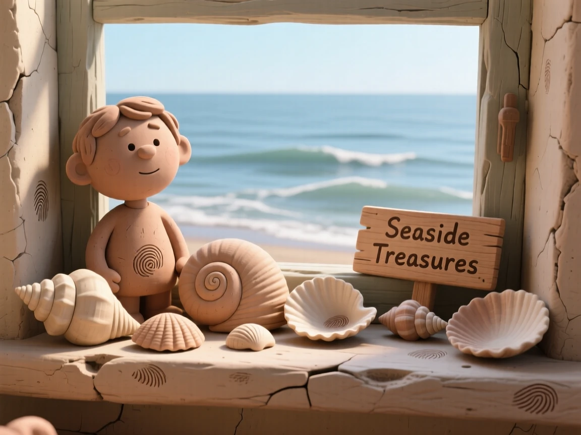 A collection of seashells arranged on a windowsill overlooking the sea