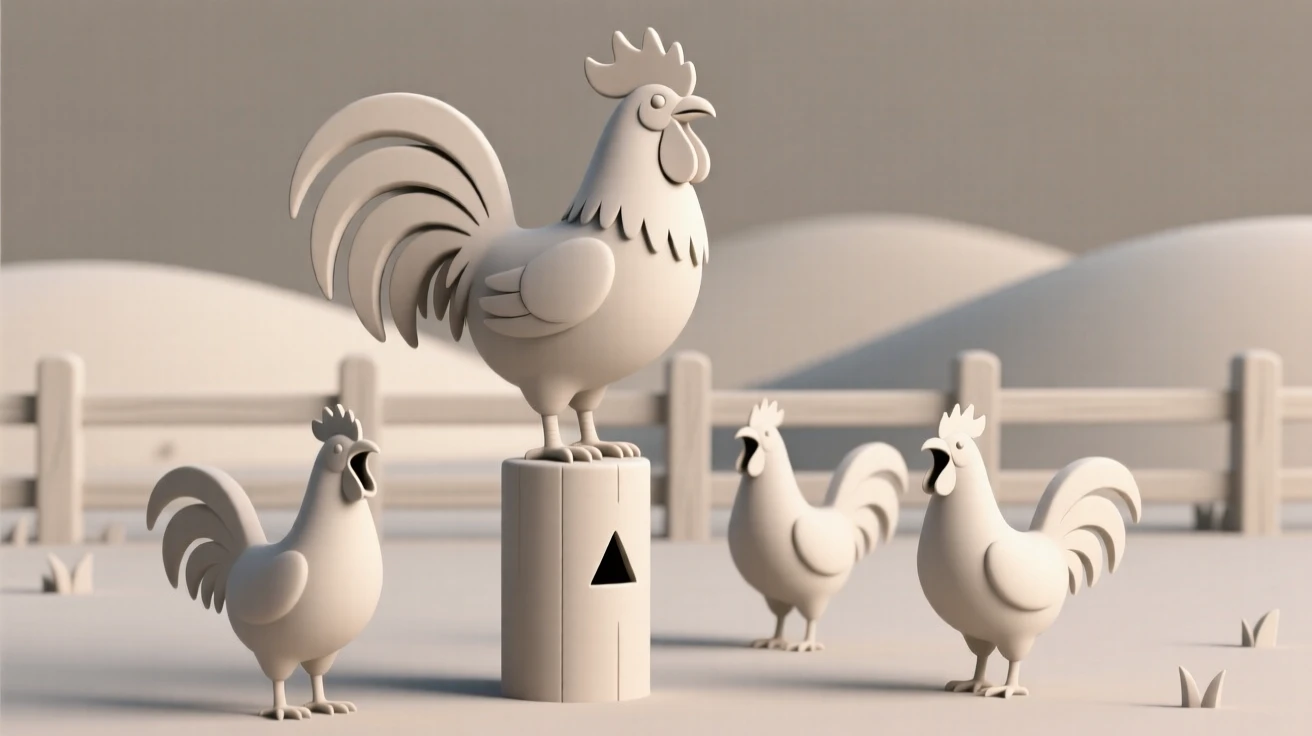 A proud rooster fans its tail feathers atop a fence post as roosters crow across a waking farmyard.