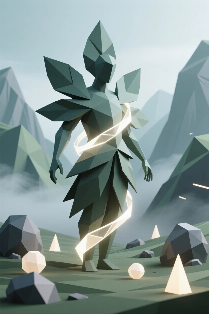 A guardian spirit made of swirling leaves and light, within a valley shrouded in enchanted mist. soft glowing light sources create dramatic highlights. The atmosphere is epic and awe-inspiring.