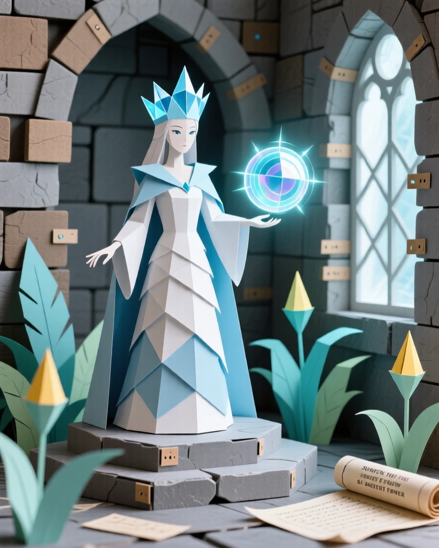 A crowned ice queen summoning glowing magic within a stone chamber, with luminescent plants lighting the surroundings, evoking ancient power and mystery.