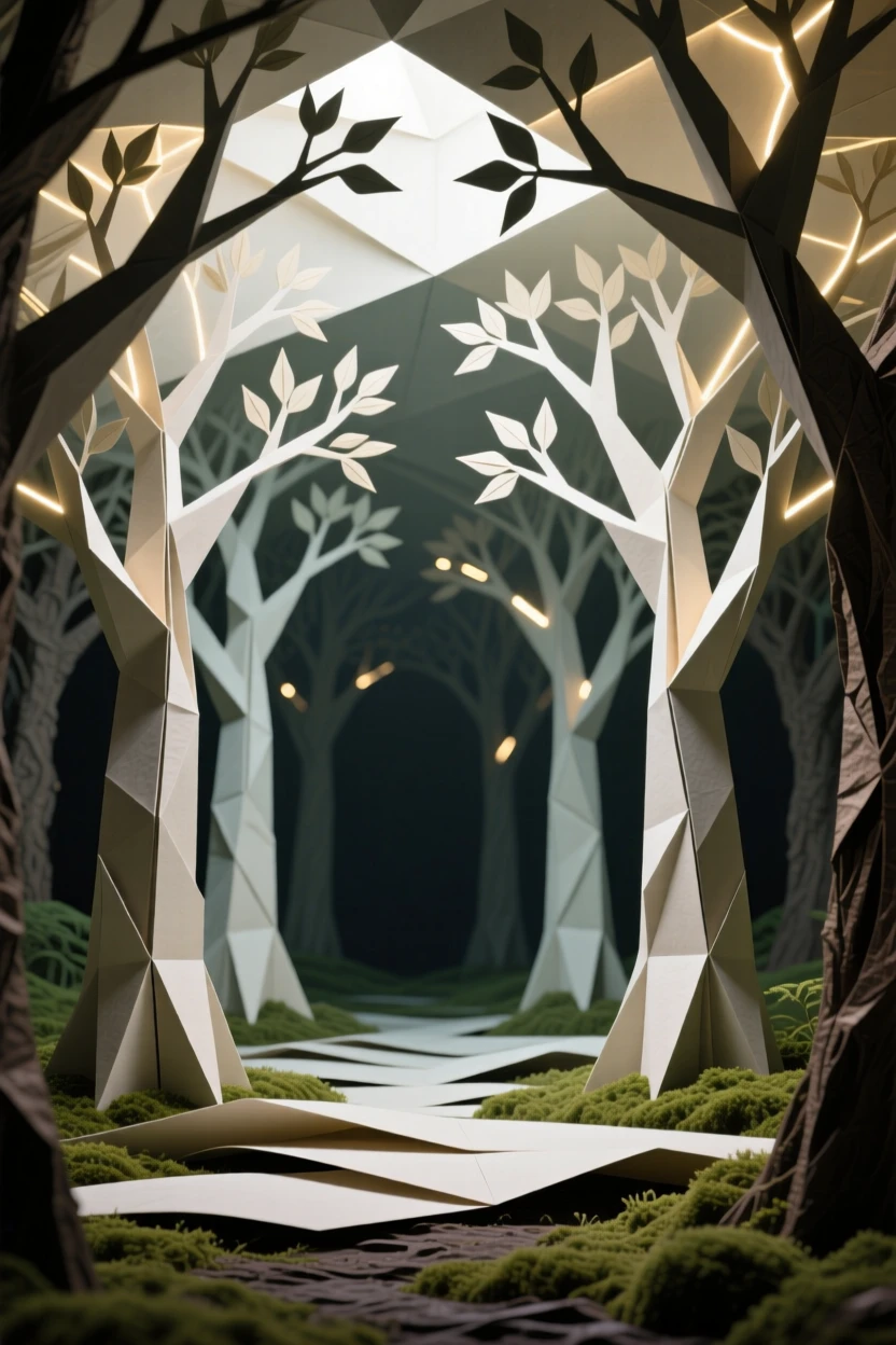 A hidden grove where ancient trees form a natural cathedral of glowing branches.