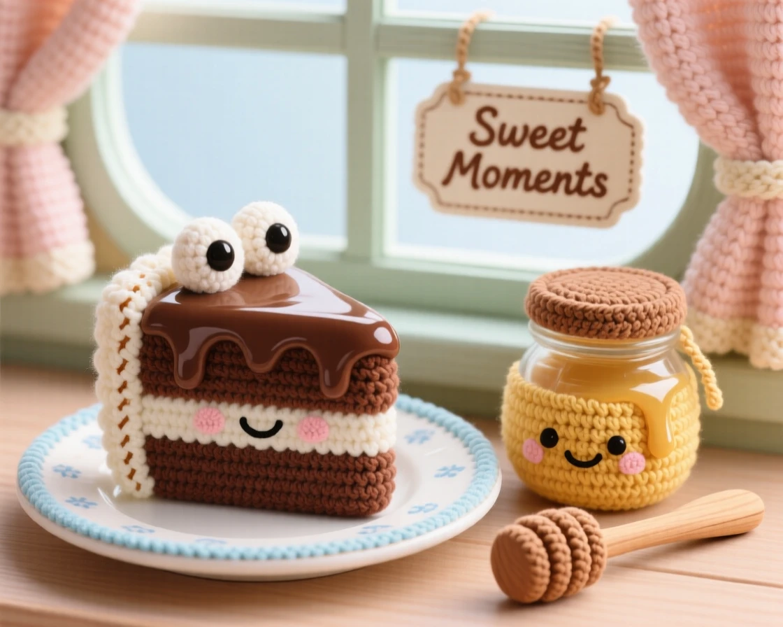 A delightful still-life of a happy slice of chocolate cake with a rich ganache drizzle, served on a delicate porcelain plate within a cheerful cafe window display; a small jar of honey with a wooden dipper nearby, full of a cozy sense of shared treats.