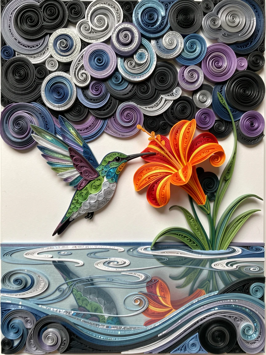 A striking wildlife scene of a hummingbird hovering beside a trumpet flower beside a still, glassy expanse of water, in the dramatic contrast of a stormy sky, shot from a low, powerful ground-level angle.