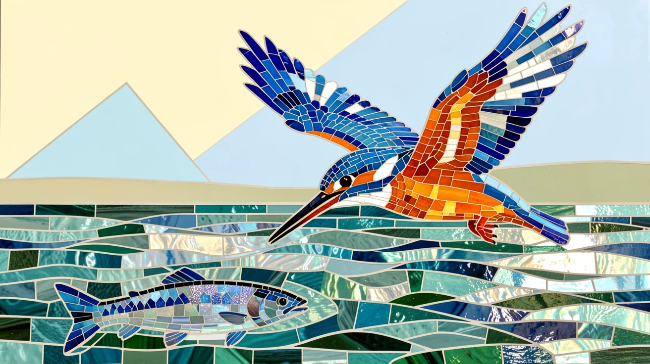 A kingfisher diving toward a clear river for fish.