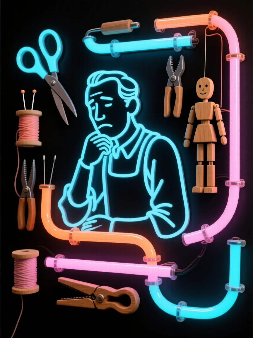 A puppet maker pausing thoughtfully while surrounded by the tools of their trade.