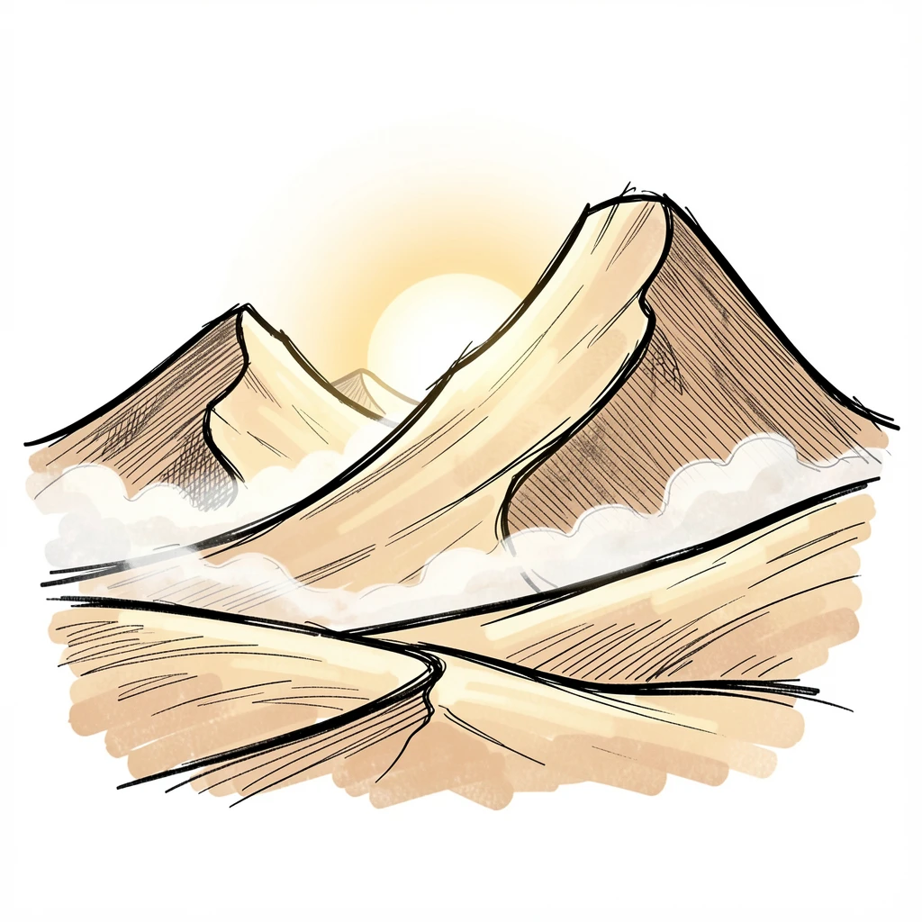 A desert landscape with towering sand dunes at sunrise with soft morning mist.
