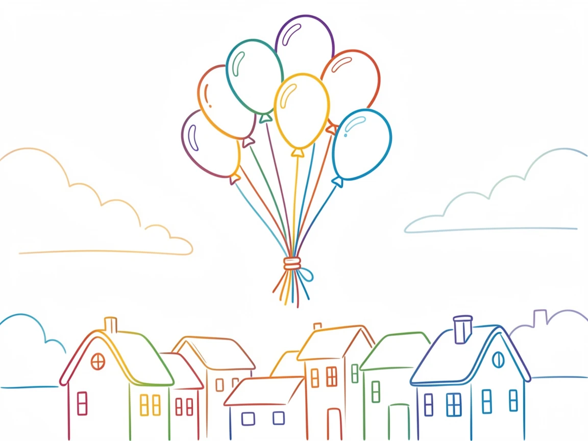 A cluster of balloons rising above a quiet town at sunrise.