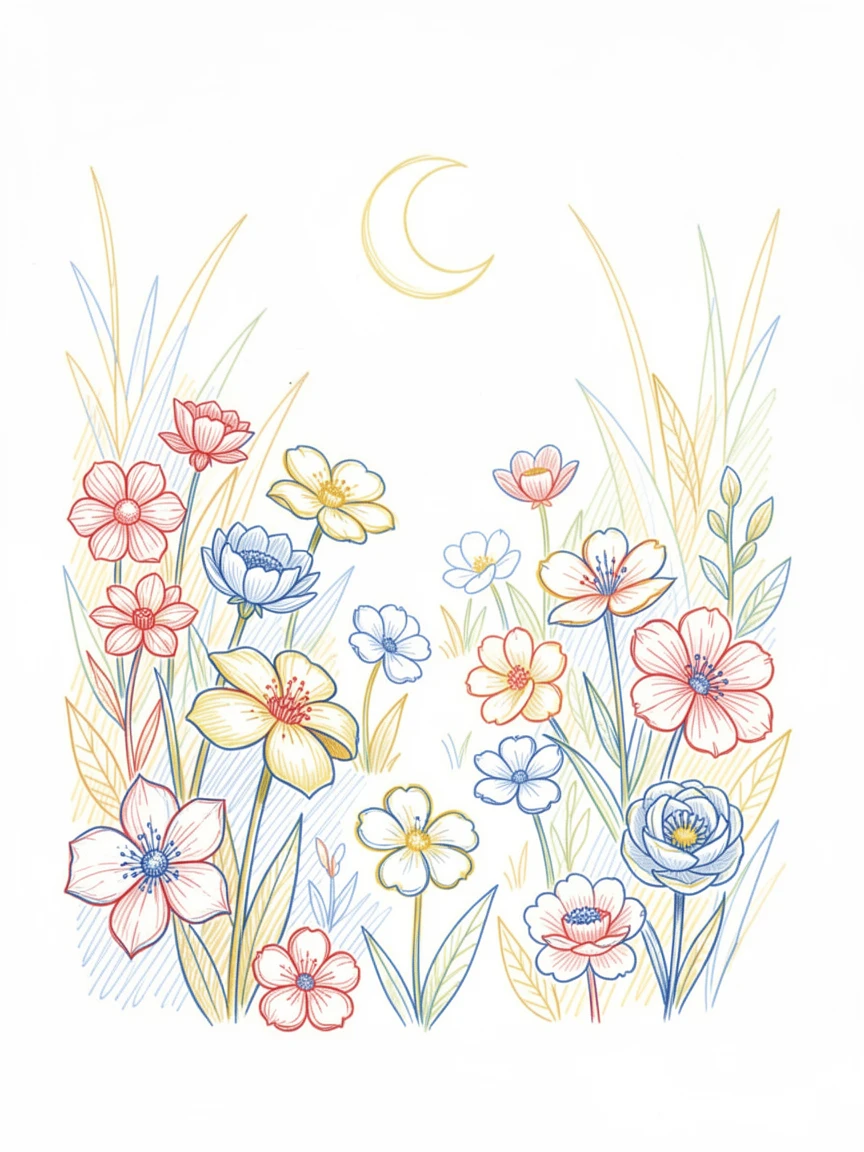 A hidden garden where every flower glows softly in the moonlight