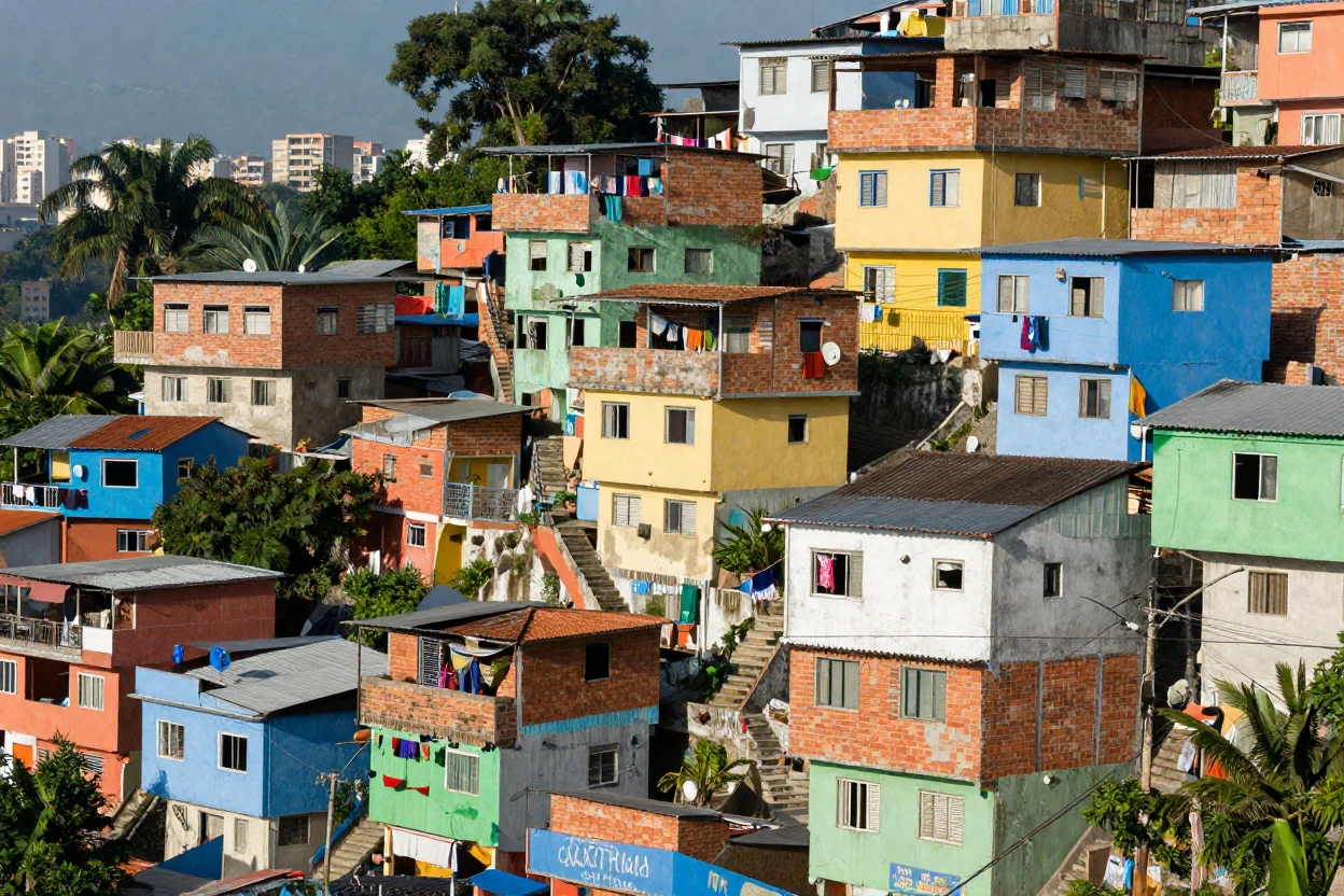 A colorful favela clinging to a Brazilian hillside