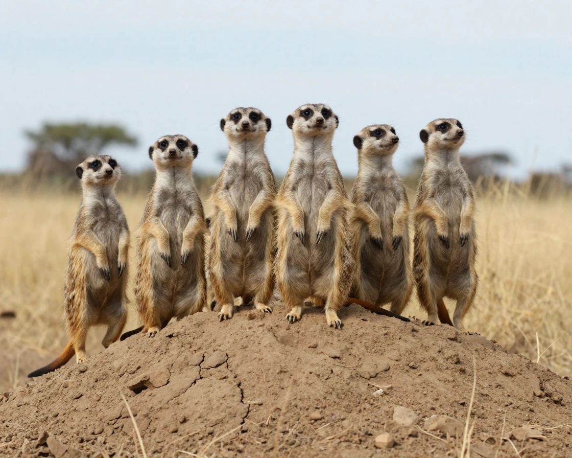 A group of meerkats stands upright on alert atop a termite mound.