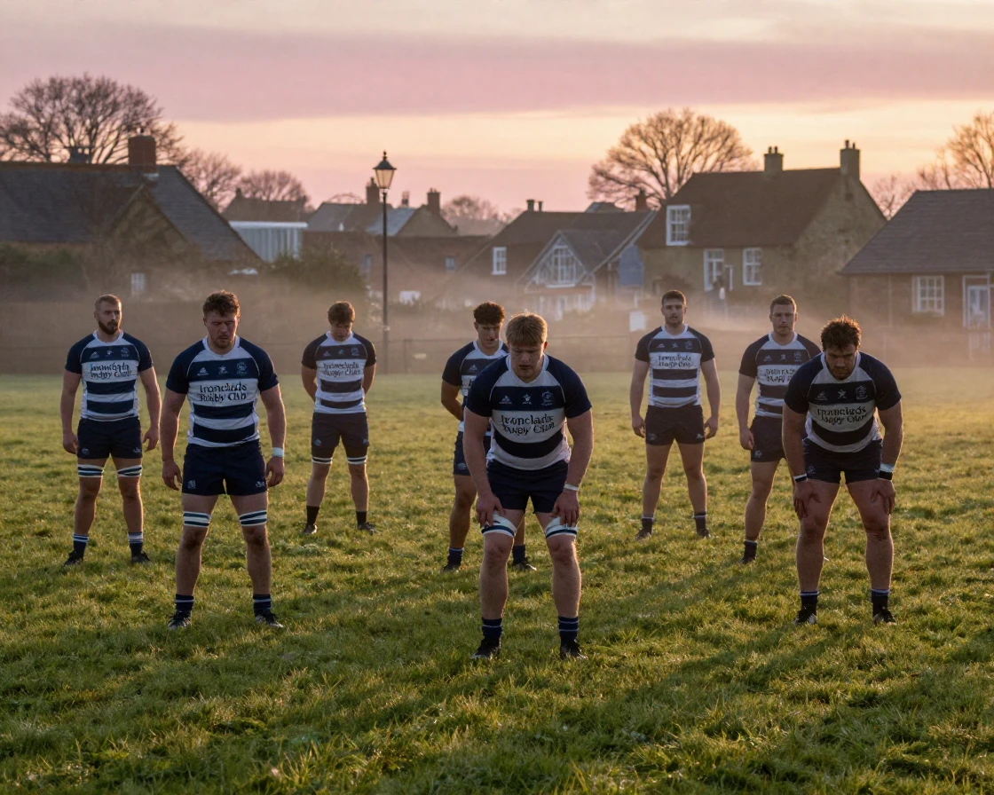 A team of rugby players training at dawn before the world wakes on a quiet village green