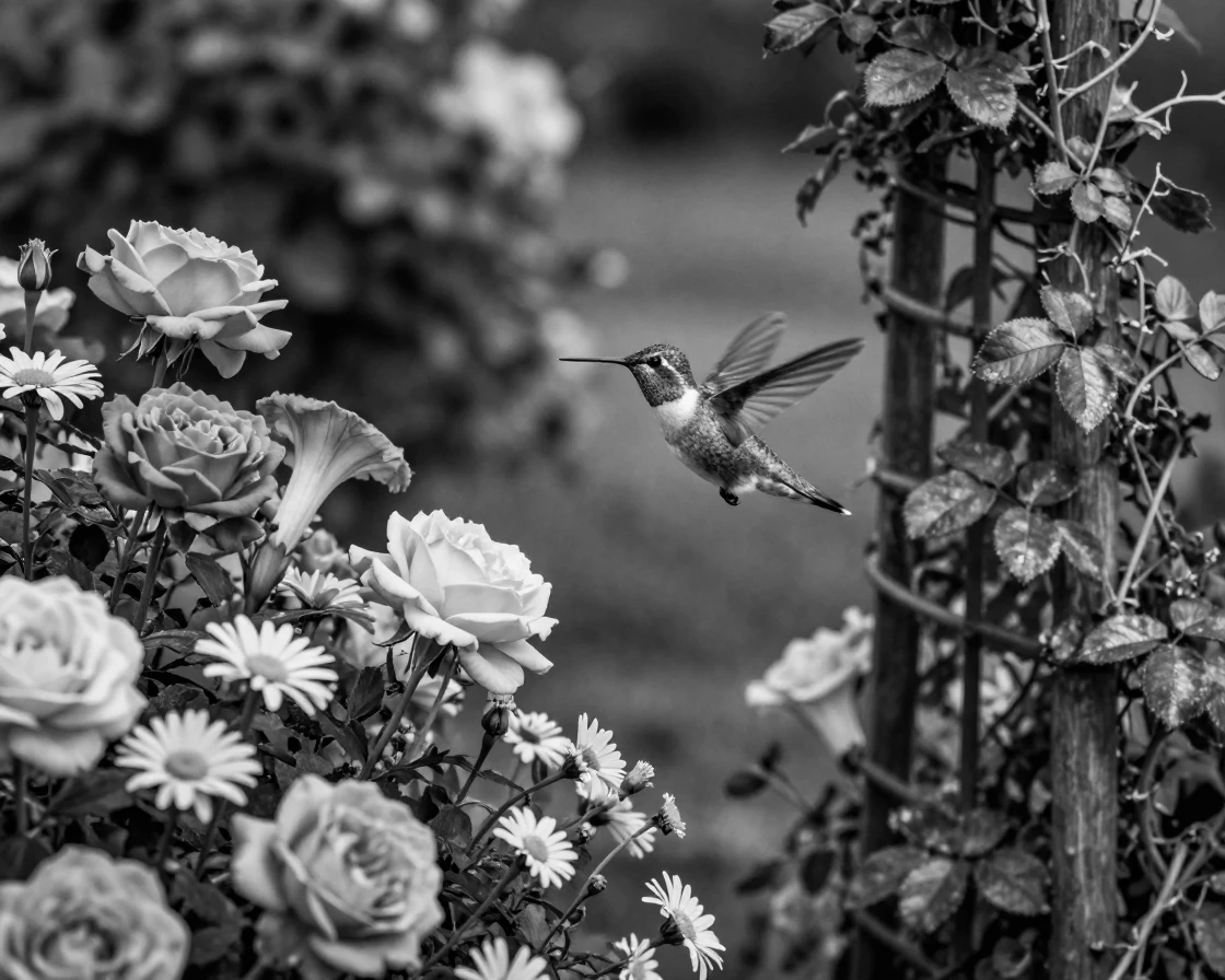 A hummingbird darts between rows of garden blossoms beside a trellis of climbing vines.