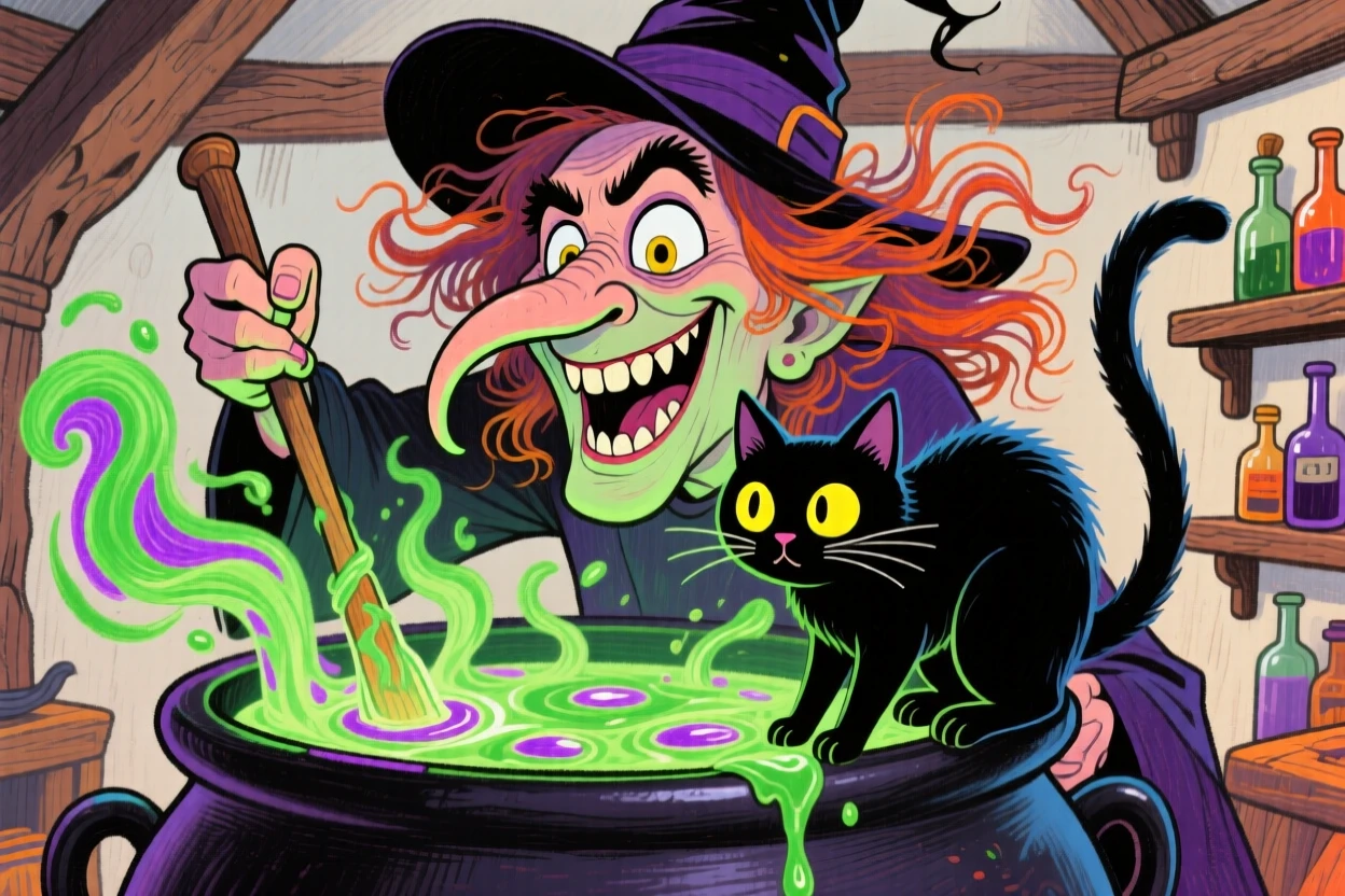 A witch stirring a bubbling cauldron, black cat perched on the edge watching intently.