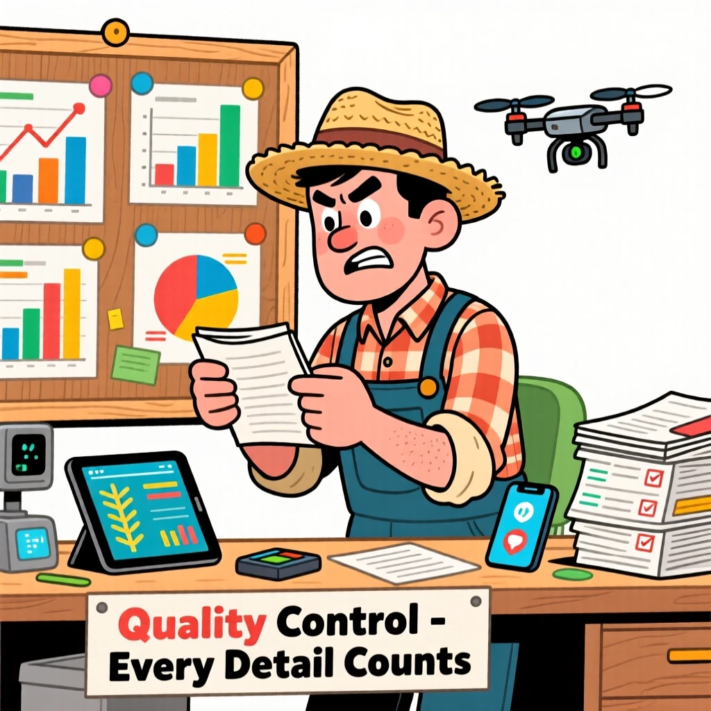A vibrant profession-themed portrait of a hardworking farmer carefully double-checking every last detail, surrounded by charts, gadgets, and paperwork.