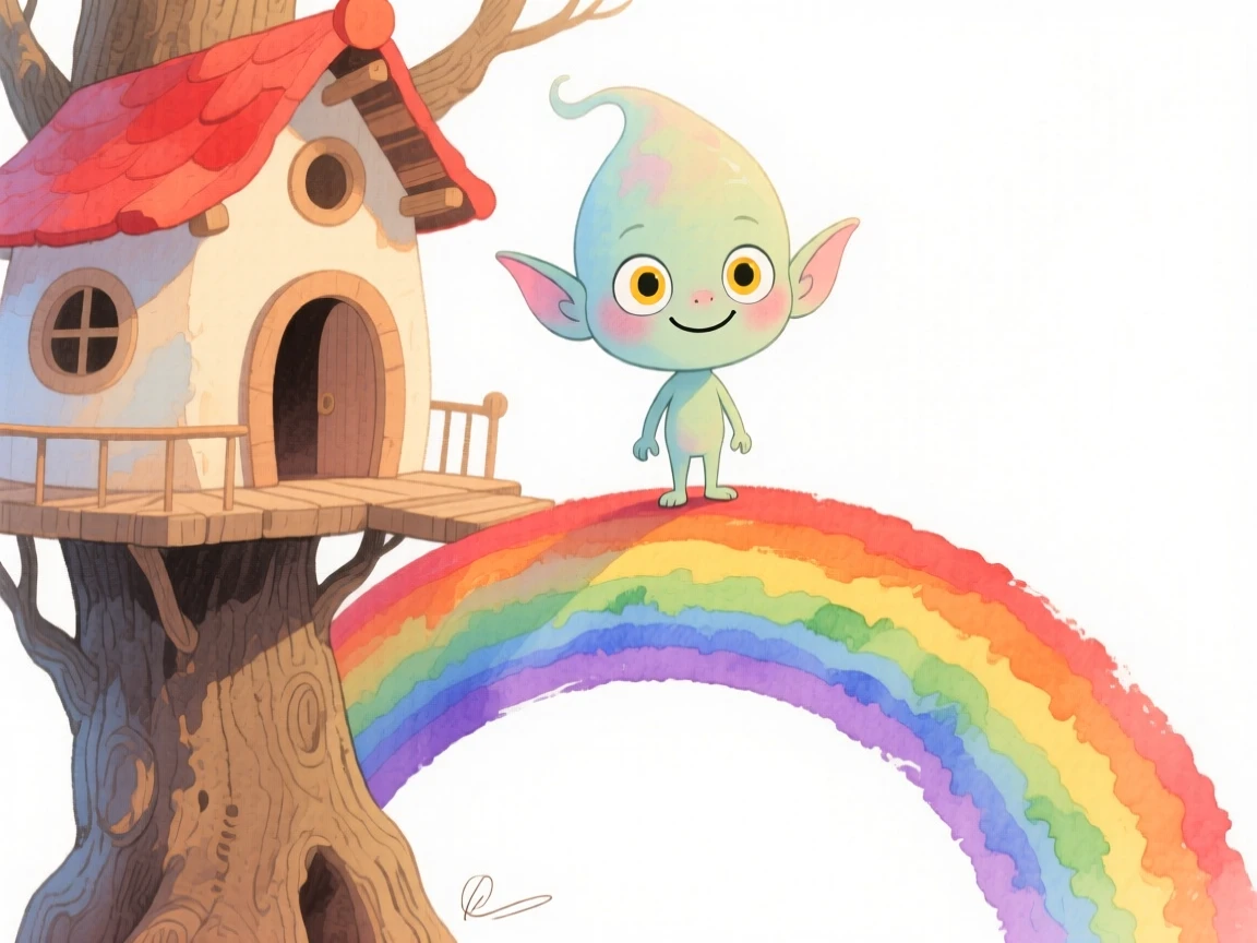 A treehouse-dwelling sprite standing at the edge of a rainbow bridge