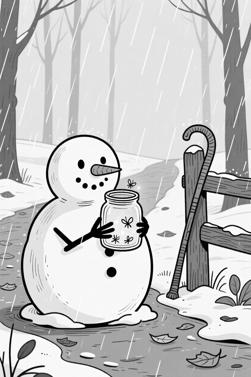 A snowman with a crooked carrot nose and lopsided grin, cupping the jar gently to peek at the glowing bugs, set on a forest trail caught in a sudden downpour. A lone shepherd's crook leans against a fence post. It radiates the down-to-earth charm of life outdoors.