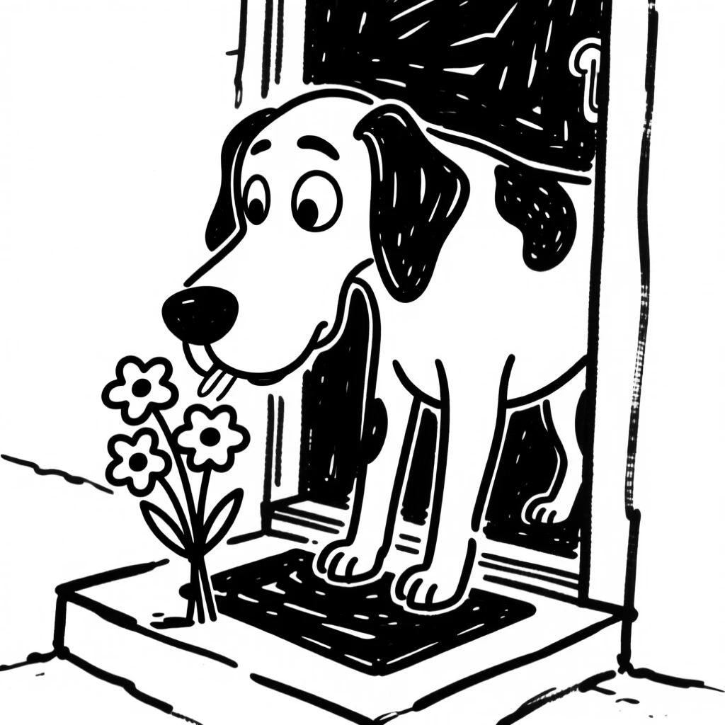 A great dane sniffing a bouquet of flowers on a doorstep, nose twitching.