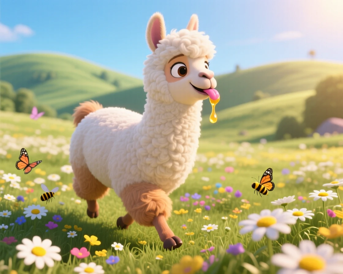 A fluffy alpaca is exploring a sunlit meadow full of daisies, licking a drop of honey off its nose. The scene feels warm and heartwarming, with a scattering of small flowers around it.