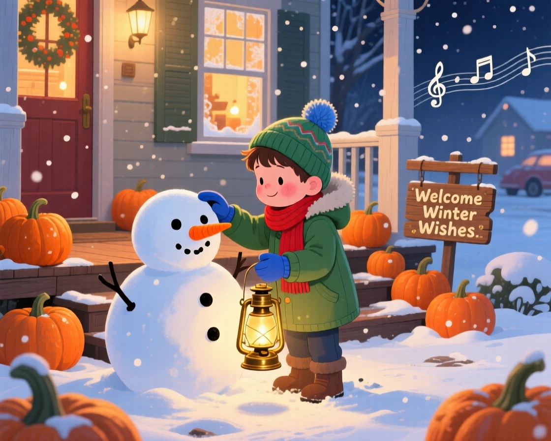 A boy carrying a lantern spend the evening building a snowman complete with a carrot nose in a pumpkin-lined front porch, while soft carols play in the background.