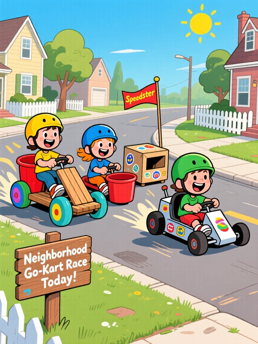Children racing homemade go-karts down a quiet street.