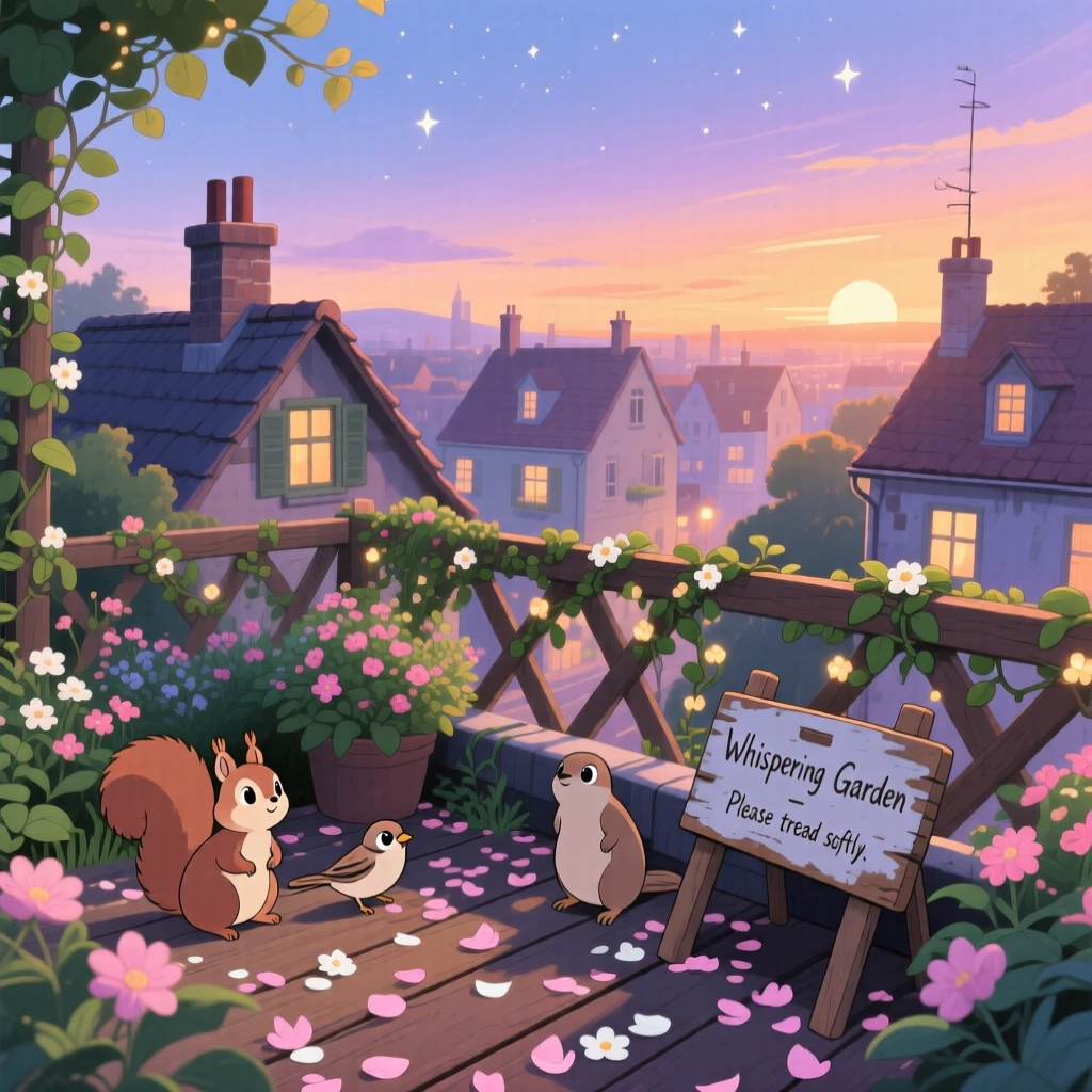 A rooftop garden overlooking a sleepy town, a carpet of fallen petals covering the ground, creating a scene of quiet natural magic.
