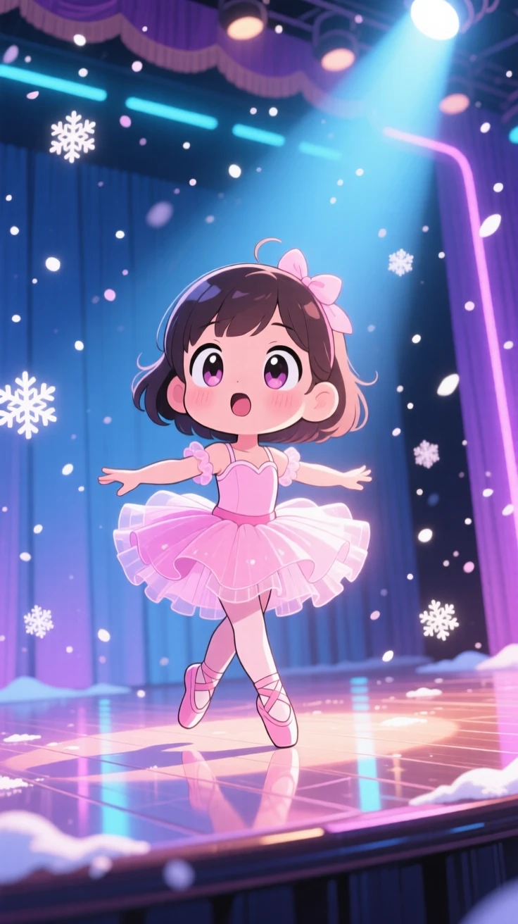 A small girl in a tutu twirling gracefully on a stage, framed as a low-angle shot looking up within a spotlighted theater stage, amid softly falling snow, glowing under neon-lit glow, evoking gentle surprise.