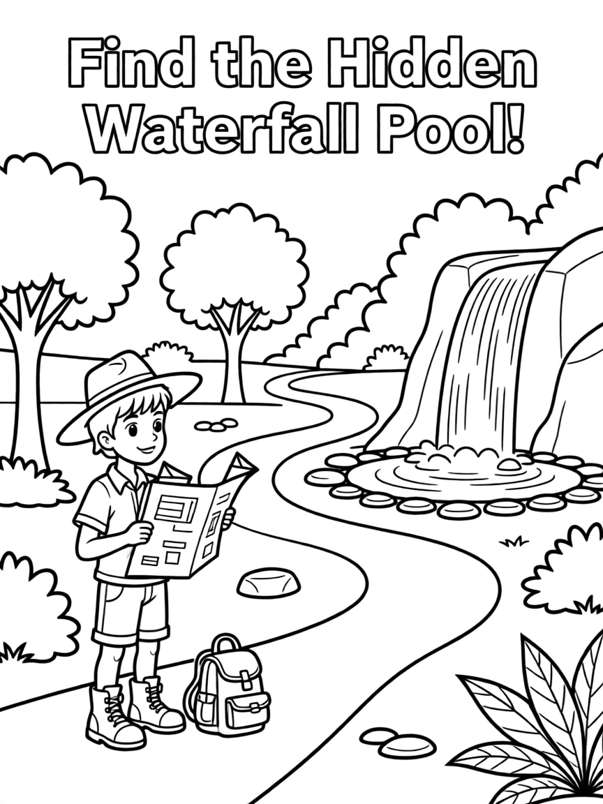 An explorer following a map to find a hidden waterfall pool