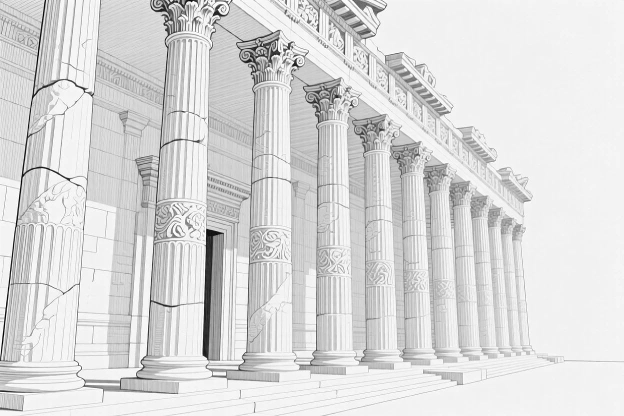 A famous ancient library with towering carved stone columns