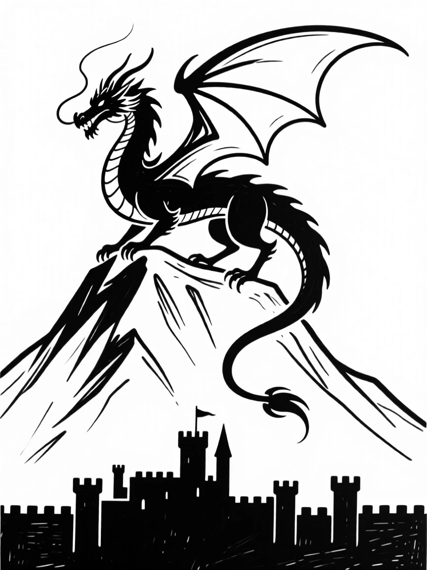 A dragon perched on a mountain peak overlooking a kingdom below.
