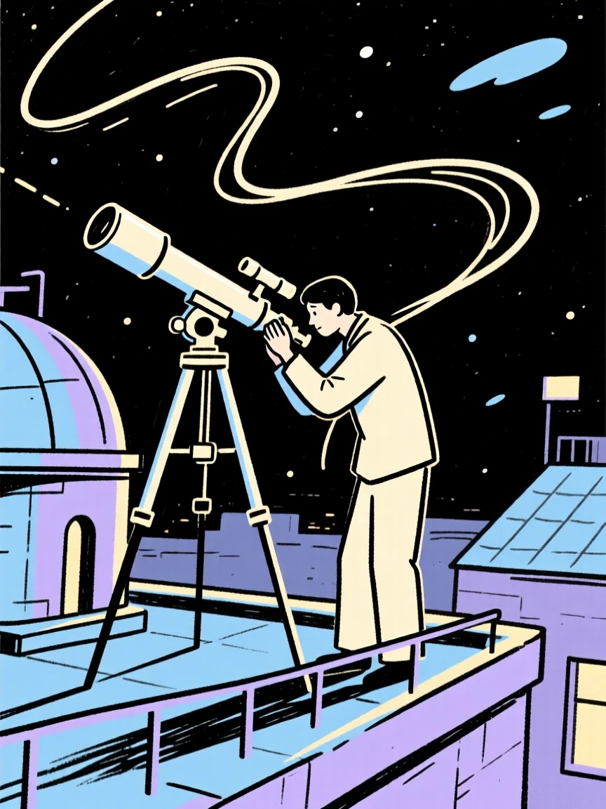 A astronomer adjusting a telescope on a rooftop observatory at night.