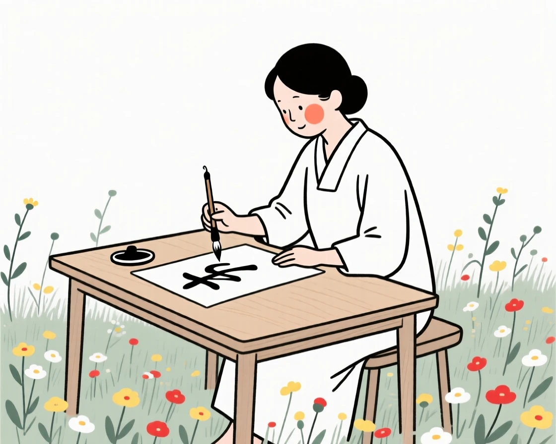 A mother practicing calligraphy at a wooden desk, in a field of wildflowers.
